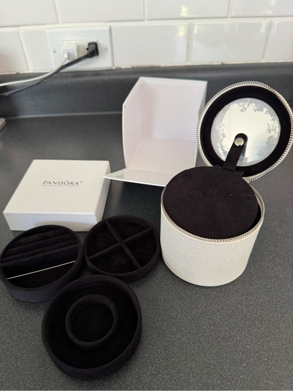 Pandora White and Black Round Travel Jewelry Organizer